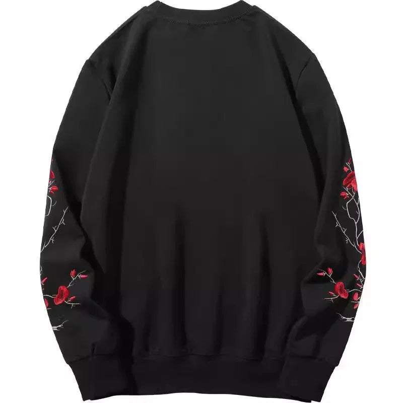 Plum Blossom Floral Embroidery Men Crew Neck Long Sleeve Sweatshirt Oriental Style Casual Pulllovers