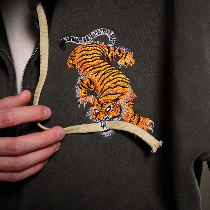 Y2K Retro Tiger Sweatshirt Black Tiger Embroidery Double Zippers Hoodie American Trendy Casual Streetwear Unisex Boxy Clothing