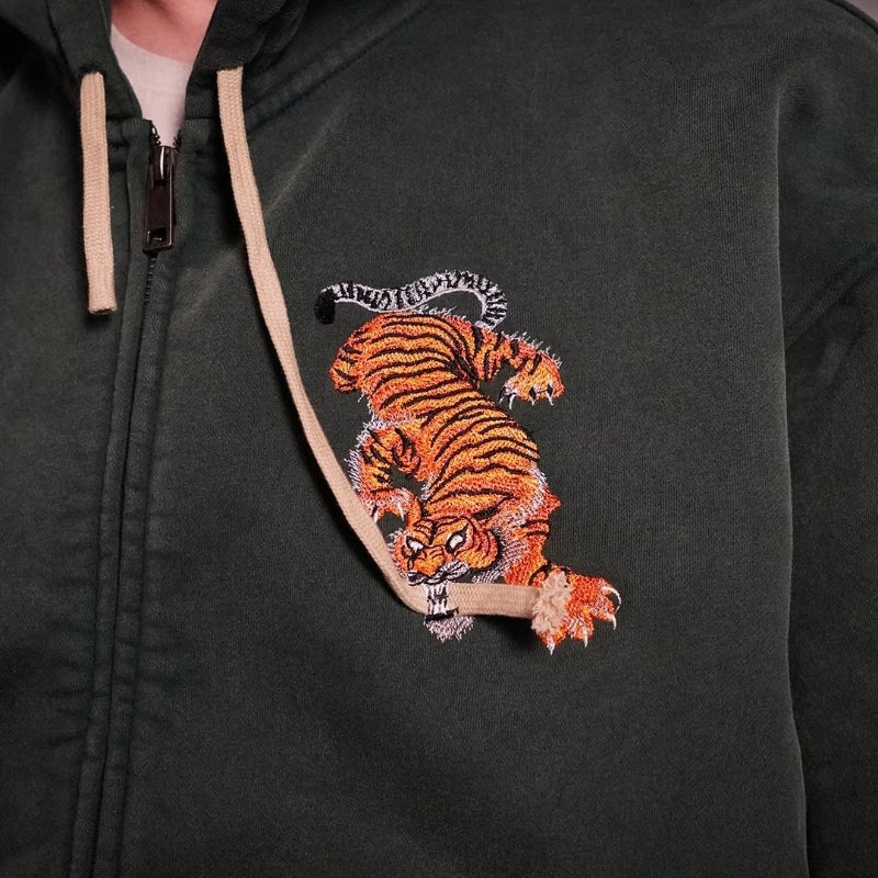 Y2K Retro Tiger Sweatshirt Black Tiger Embroidery Double Zippers Hoodie American Trendy Casual Streetwear Unisex Boxy Clothing